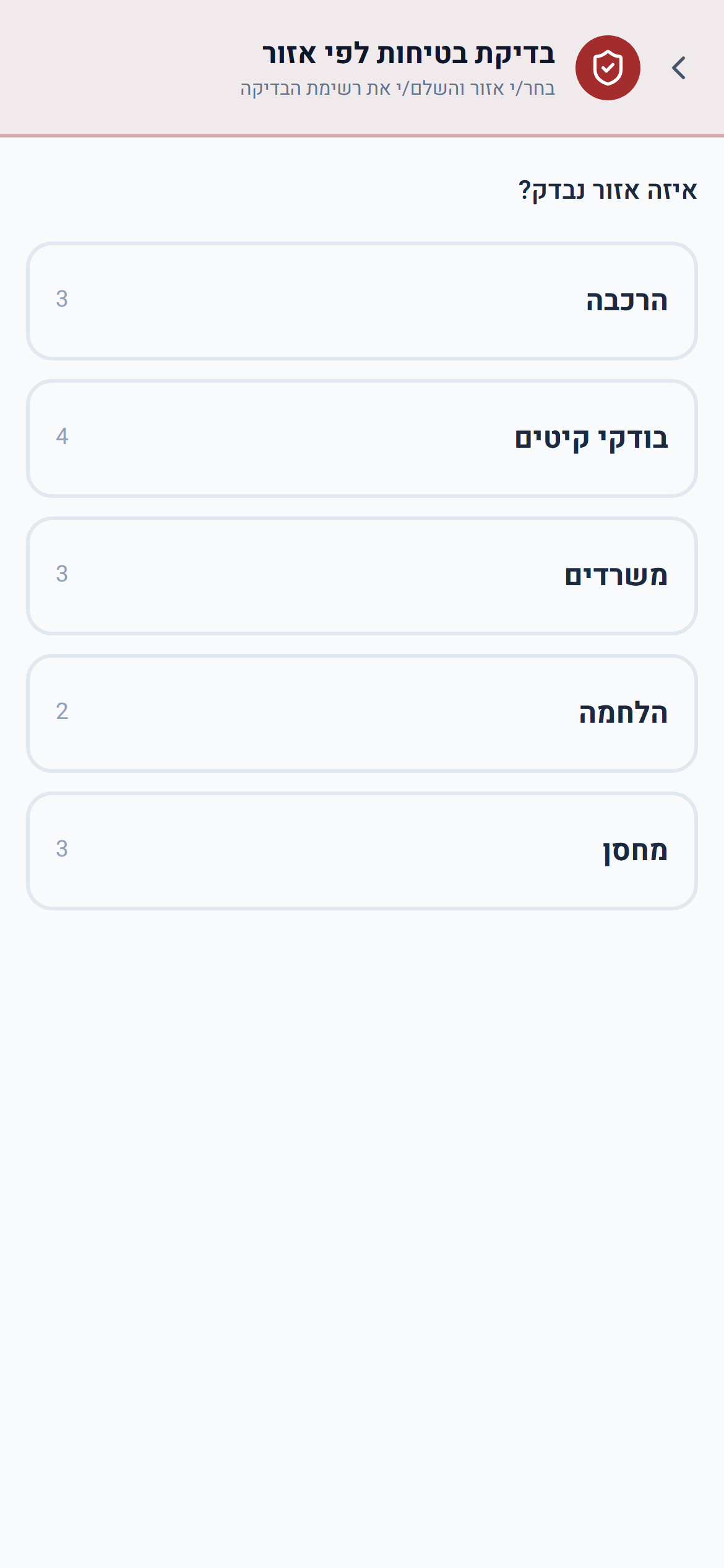 סיור בטיחות לפי אזור: ✓ / ✗ / לא רלוונטי, עם תמונת ראיה.